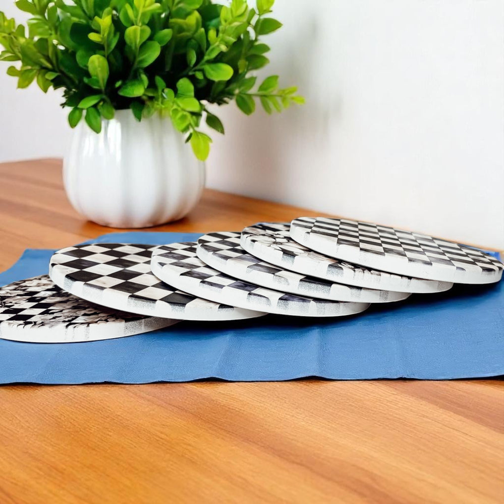 Black white checkered ceramic coasters courtly check gingham pattern luxury table decor cork backhigh-end ceramic coasters courtly check black white checkered pattern luxury floral gingham cork back